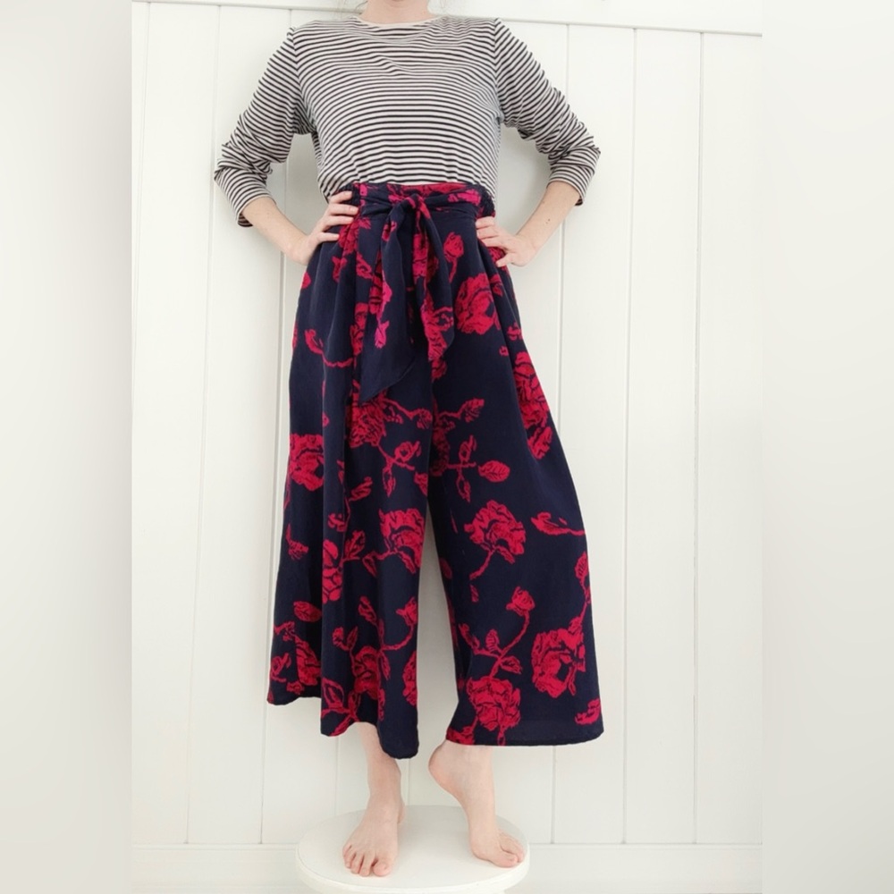Vintage Silk Culottes Palazzo Pants Carole Little Pink Red Navy Floral Coverup
